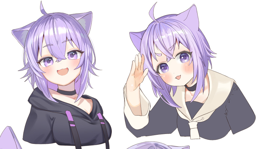 1girl, ahoge, animal_ears, black_choker, black_hoodie, black_shirt, cat_ears, cat_girl