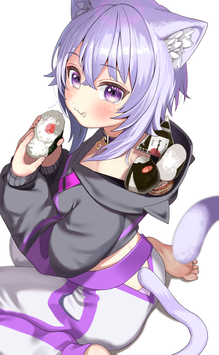 1girl, animal_ear_fluff, animal_ears, barefoot, black_hoodie, blush, cat_ears, cat_girl