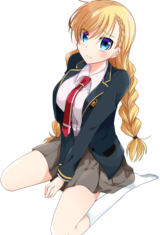 1girl, araragi_ayune, black_jacket, blazer, blonde_hair, blue_eyes, blush, braid, breasts, brown_skirt, closed_mouth, collared_shirt, isshiki-san_wa_koi_wo_shiritai., jacket, large_breasts, long_hair, looking_at_viewer, necktie, no_shoes, open_clothes, open_jacket, pleated_skirt, red_necktie, rinna_milford, school_uniform, shirt, simple_background, sitting, skirt, socks, solo, swept_bangs, twin_braids, v_arms, wariza, white_background, white_shirt, white_socks