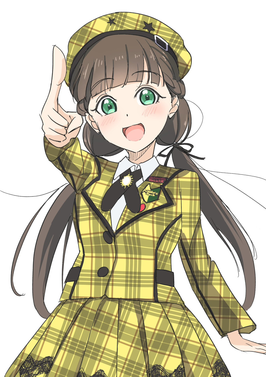 1girl, :d, beginners_rock!!, black_ribbon, blush, brown_hair, collared_shirt, commentary