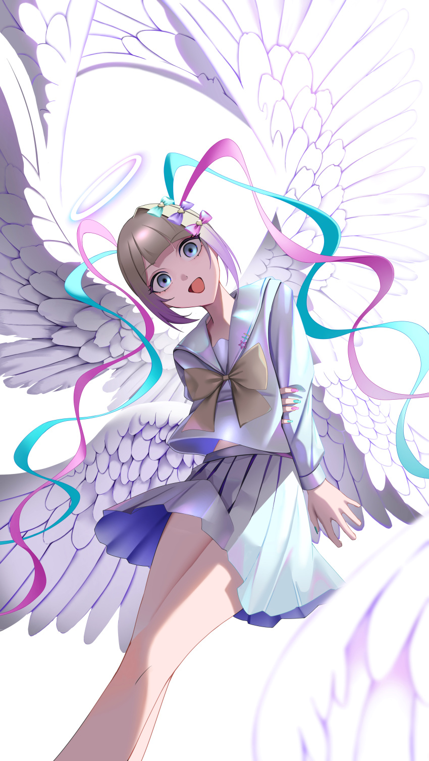 1girl, :d, absurdres, arm_behind_back, blonde_hair, blue_bow, blue_eyes, blue_hair