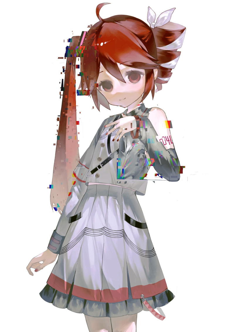 1girl, ahoge, borrowed_hairstyle, closed_mouth, cowboy_shot, digital_dissolve, frilled_skirt, frills, glitch, grey_jacket, grey_skirt, hand_up, highres, jacket, kasane_teto, kasane_teto_(sv), li_(pixiv_93914145), long_sleeves, looking_at_viewer, pleated_skirt, red_eyes, redhead, side_ponytail, sidelocks, simple_background, single_drill, skirt, solo, synthesizer_v, utau, white_background
