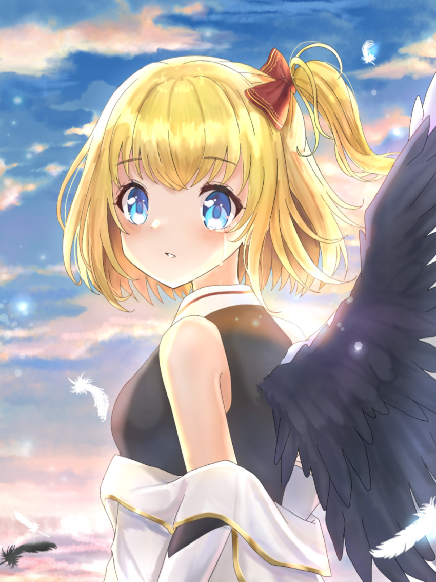 1girl, asymmetrical_wings, bare_shoulders, black_feathers, black_shirt, black_wings, blonde_hair, blue_eyes, breasts, clouds, commentary_request, feathered_wings, feathers, from_side, hair_ribbon, highres, jacket, looking_at_viewer, looking_to_the_side, marl_(shironeko_project), mismatched_wings, off_shoulder, one_side_up, open_clothes, open_jacket, outdoors, parted_lips, red_ribbon, ribbon, shironeko_project, shirt, sleeveless, sleeveless_shirt, small_breasts, solo, sunameri_(pixiv3564245), sunset, white_feathers, white_jacket, white_wings, wings