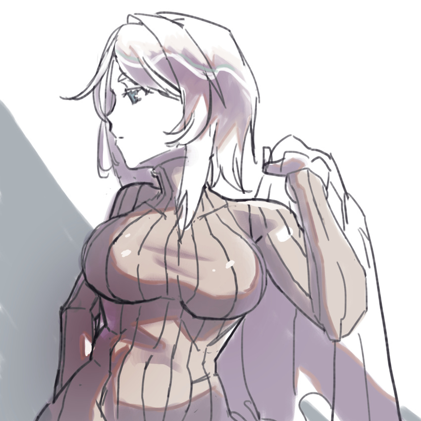 1girl, absurdres, blue_eyes, breasts, brown_sweater, closed_mouth, coat, faust_(project_moon)