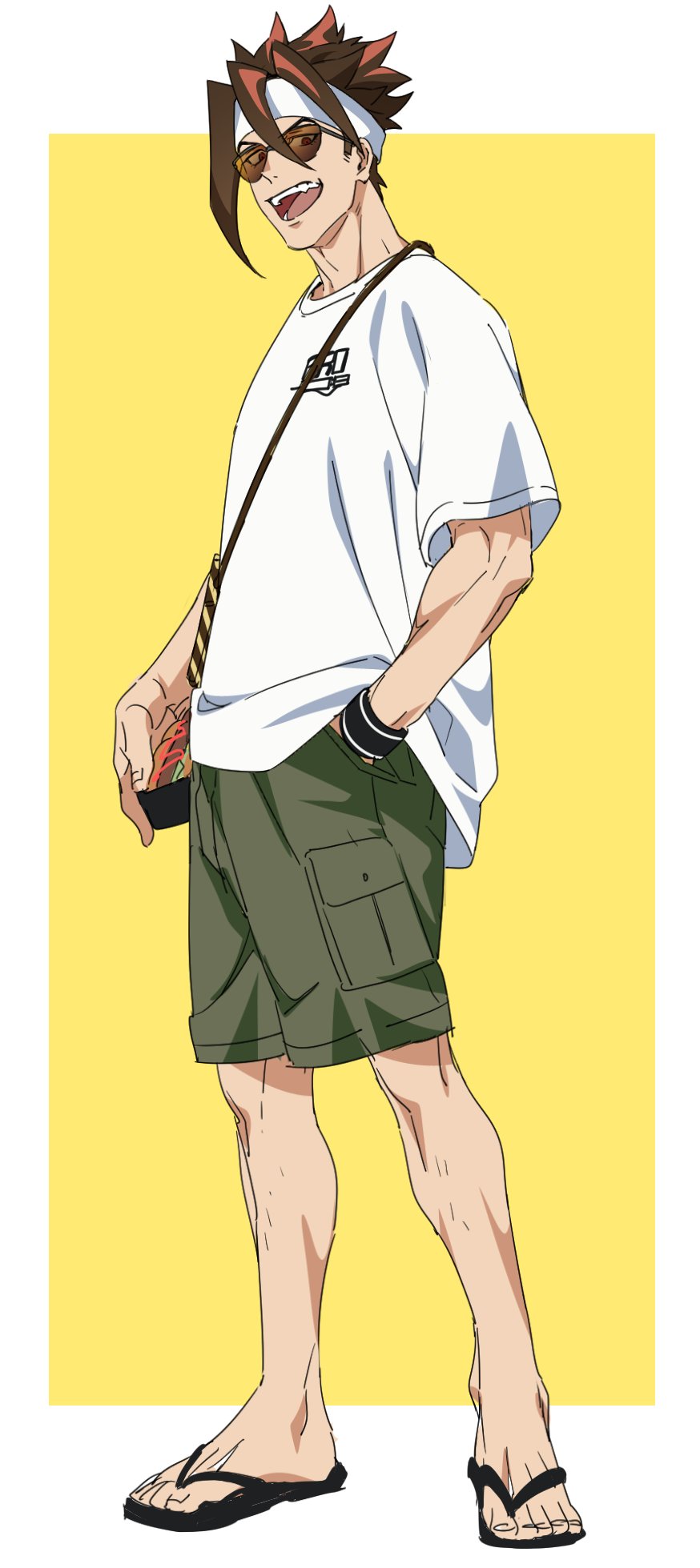 1boy, :d, anton_ivanov, bag, black_footwear, black_wristband, border, brown-tinted_eyewear, brown_hair, commentary_request, feet, flip-flops, food, full_body, green_shorts, hand_in_pocket, headband, highres, holding, holding_food, hot_dog, kayoko_(panchlora), looking_at_viewer, male_focus, multicolored_hair, open_mouth, outside_border, redhead, sandals, scar, scar_on_foot, shirt, short_hair, short_sleeves, shorts, shoulder_bag, simple_background, smile, solo, spiky_hair, standing, streaked_hair, sunglasses, t-shirt, teeth, tinted_eyewear, toes, v-shaped_eyebrows, white_border, white_headband, white_shirt, wristband, yellow_background, zenless_zone_zero