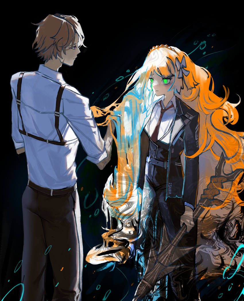 1boy, 1girl, absurdres, air_bubble, black_jacket, black_pants, bow, brown_hair