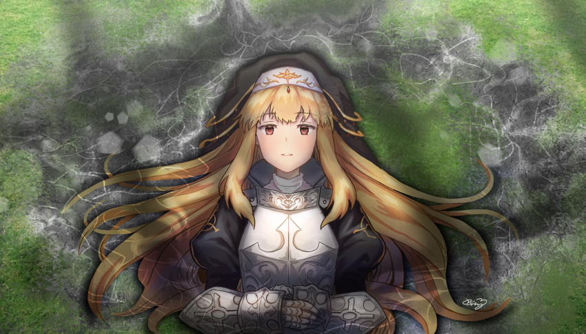 1girl, angelica_(brown_dust), binny603, black_dress, blonde_hair, brown_dust, brown_dust_2, celtic_cross, chest_armor, cross, crossed_arms, dress, eyebrows_hidden_by_hair, gauntlets, habit, highres, juliet_sleeves, light_blush, long_hair, long_sleeves, looking_at_viewer, lying, nun, on_back, on_ground, open_mouth, puffy_sleeves, red_eyes, signature, solo, teeth, upper_body, very_long_hair