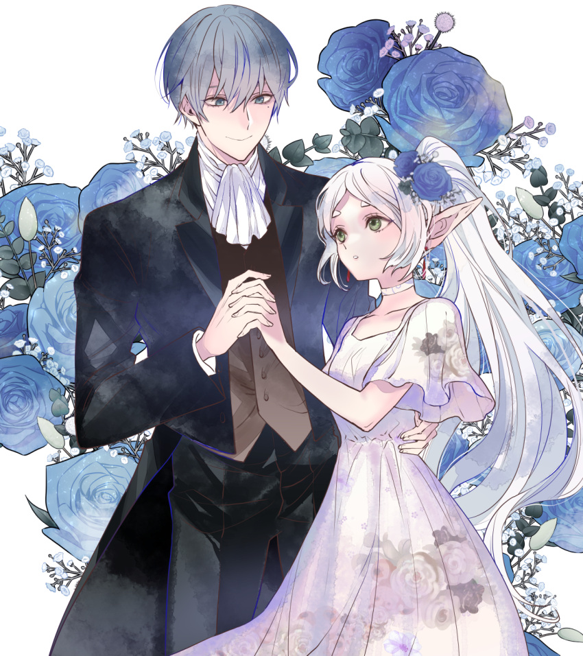 1boy, 1girl, ascot, black_pants, black_suit, blue_eyes, blue_flower, blue_hair