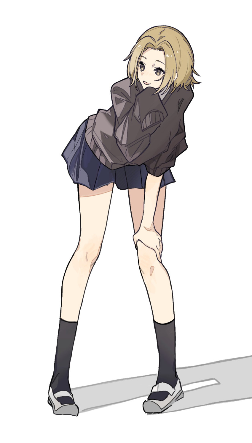 1girl, :d, black_socks, blonde_hair, blue_skirt, curtained_hair, forehead, full_body