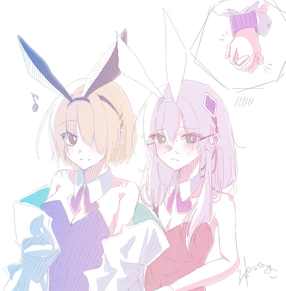 2girls, animal_ears, blonde_hair, blush, breasts, glasses, green_eyes, grey_hair