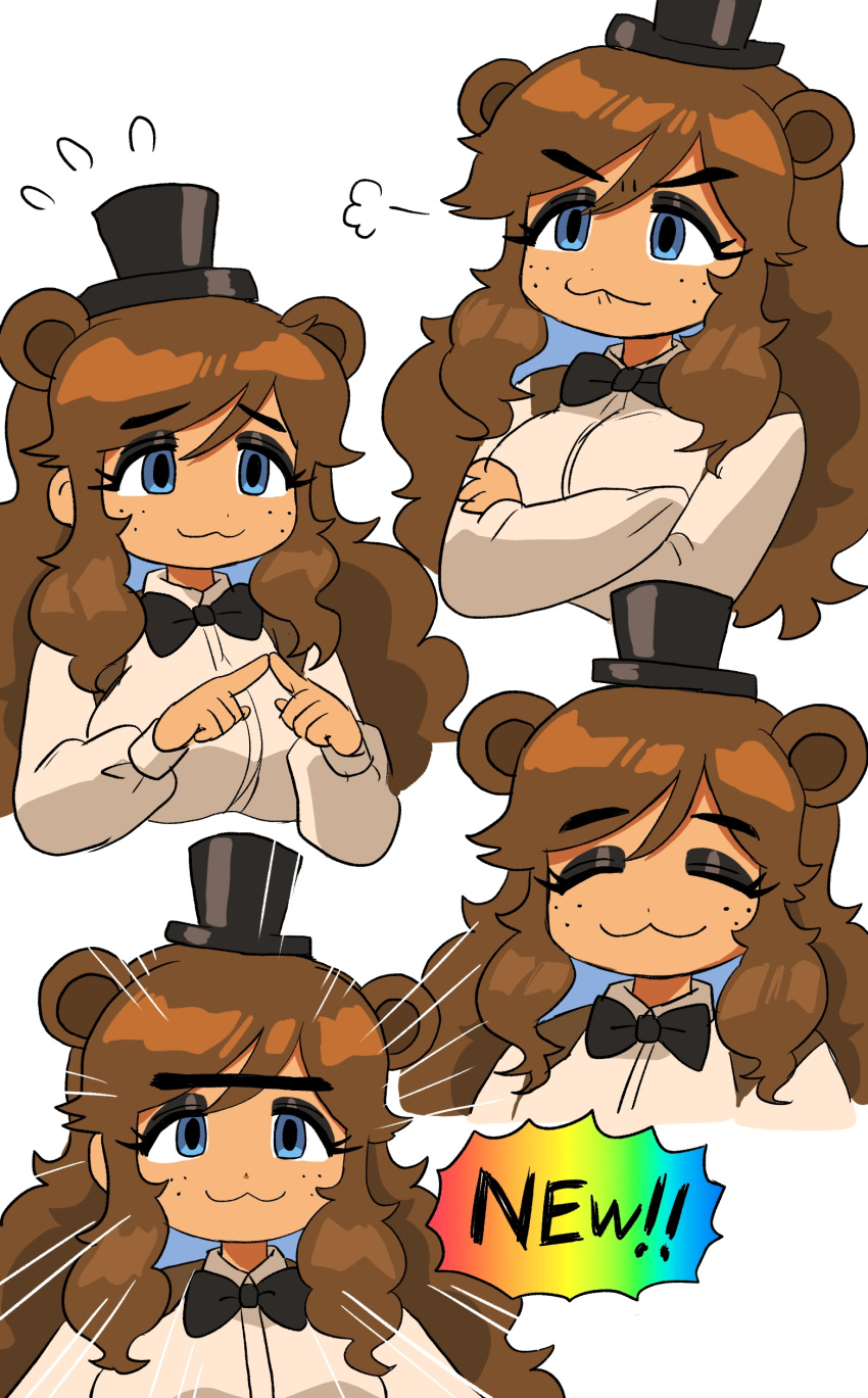 1girl, :3, absurdres, animal_ears, bear_ears, bear_girl, blue_eyes, bow, bowtie, breasts, brown_hair, commentary_request, dark-skinned_female, dark_skin, english_text, extra_ears, eyeshadow, five_nights_at_freddy's, five_nights_at_freddy's_1, freddy_fazbear, genderswap, genderswap_(mtf), hat, highres, humanization, long_hair, makeup, minami_(mnm-kyk), multiple_views, shirt, top_hat, upper_body, white_background