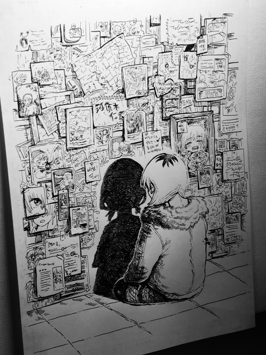 1girl, absurdres, bouquet, different_shadow, dochiwawa, fur-trimmed_jacket, fur_trim, girls_band_cry, greyscale, highres, iseri_nina, jacket, kawaragi_momoka, long_hair, long_sleeves, map, monochrome, multicolored_hair, pants, photo_(medium), photo_(object), poster_(object), roots_(hair), short_twintails, sitting, smile, torn_clothes, torn_pants, traditional_media, translation_request, twintails