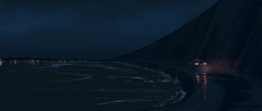 absurdres, car, city_lights, cliff, gracile, highres, landscape, motor_vehicle, mountainous_horizon, night, no_humans, original, reflection, reflective_water, road, scenery, sky, water, wide_shot