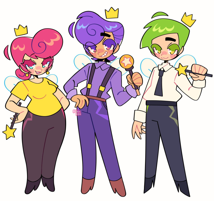 1girl, 2boys, aqua_eyes, breasts, commentary, cosmo_(fairly_oddparents), crown, earrings