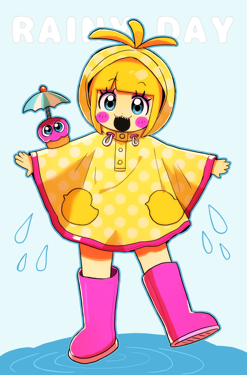 1girl, absurdres, aqua_eyes, blonde_hair, blush_stickers, boots, colored_skin, commentary_request, cupcake, cupcake_(fnaf), english_text, five_nights_at_freddy's, five_nights_at_freddy's_2, food, full_body, happy, highres, hood, hood_up, humanization, looking_at_viewer, minami_(mnm-kyk), open_mouth, puddle, raincoat, rubber_boots, short_hair, smile, solo, standing, toy_chica, water, yellow_skin