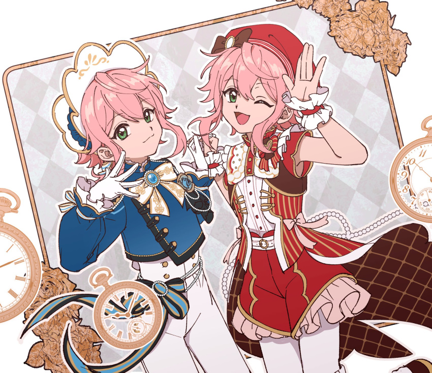 2boys, :3, ;3, argyle_background, arm_up, beret, bonnet, border