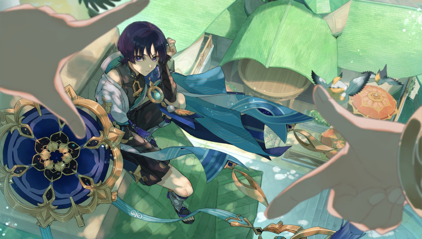 1boy, armor, bazaar, bird, black_bodysuit, black_eyes, black_hair, black_shorts, black_socks, blue_cape, blue_hat, bodysuit, bracelet, cape, clenched_hand, closed_mouth, feathers, finch, finger_frame, fingernails, genshin_impact, gold, hakama, hakama_shorts, hand_up, hat, highres, japanese_armor, japanese_clothes, jewelry, jingasa, kimono, knee_up, knees, kote, kou_u_o, kurokote, leg_warmers, looking_at_another, looking_up, male_focus, mandarin_collar, market, nahida_(genshin_impact), open_clothes, open_kimono, parted_bangs, pom_pom_(clothes), purple_rope, rope, sandals, scaramouche_(genshin_impact), shorts, shoulder_peek, sitting, socks, tassel, toes, vision_(genshin_impact), wanderer_(genshin_impact), white_kimono, white_leg_warmers, wristlet