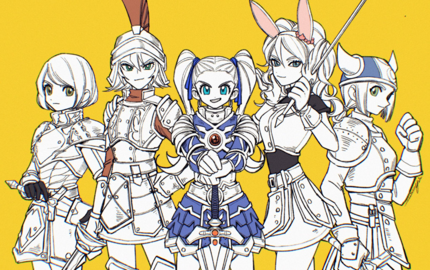 5girls, alternate_costume, anessa_(dqb2), animal_ears, aqua_eyes, armor, blue_eyes, blue_ribbon, bob_cut, bright_pupils, commentary, curly_hair, dragon_quest, dragon_quest_builders_2, earrings, fake_animal_ears, fake_horns, female_builder_(dqb2), green_eyes, grin, hair_pulled_back, hair_ribbon, hashtag-only_commentary, helmet, high_ponytail, highres, holding, holding_sword, holding_weapon, hoop_earrings, horned_helmet, horns, jewelry, jibaco_(dqb2), long_hair, looking_at_viewer, mouyi, multiple_girls, official_alternate_costume, pero_(dqb2), rabbit_ears, ribbon, sheath, short_hair, smile, smirk, spot_color, sword, symbol-only_commentary, twintails, unsheathing, weapon, white_pupils, yellow_background, zesel_(dqb2)