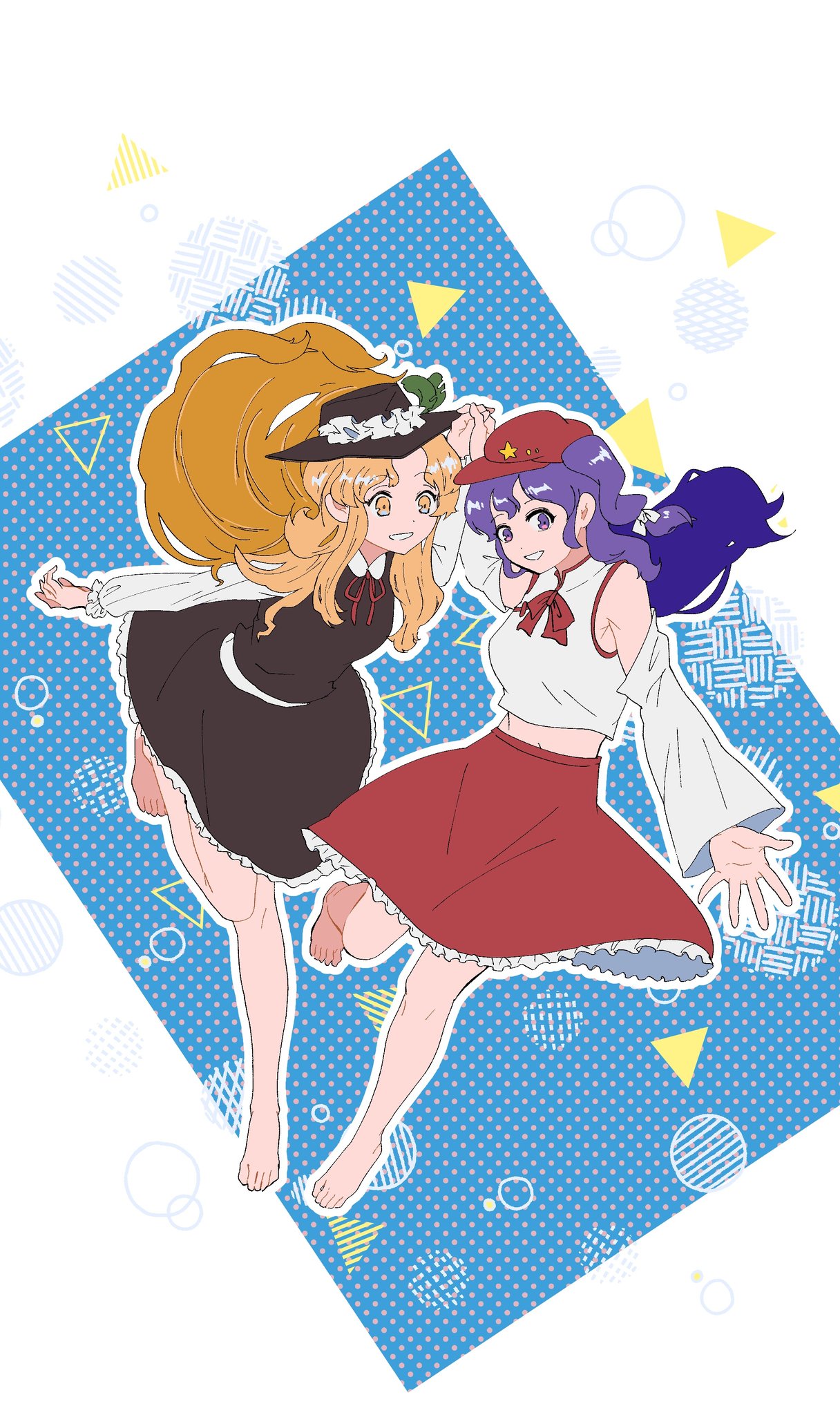 bare_legs, bare_shoulders, barefoot, blonde_hair, breasts, brown_hat, brown_vest, cabbie_hat