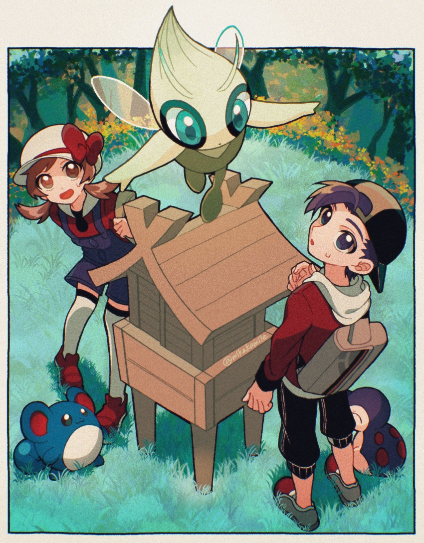 1boy, 1girl, animal_ears, antennae, backwards_hat, bag, baseball_cap, black_eyes