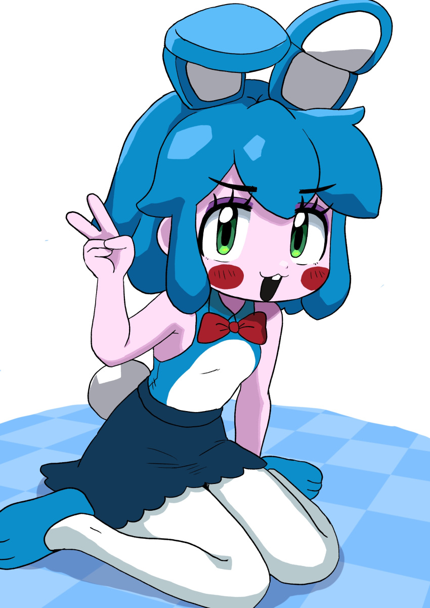 1girl, absurdres, animal_ears, bare_shoulders, blue_hair, blush_stickers, bow, bowtie