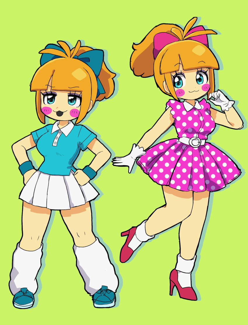 2girls, absurdres, alternate_costume, aqua_eyes, belt, blonde_hair, blue_bow, blue_footwear