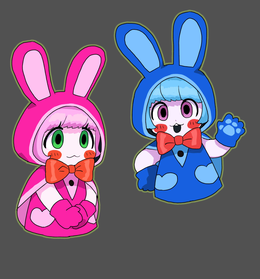 1boy, 1girl, absurdres, animal_ears, animal_hands, blue_hair, blush_stickers, bon_bon_(fnaf), bonnet_(fnaf), bow, bowtie, commentary_request, fake_animal_ears, five_nights_at_freddy's, five_nights_at_freddy's:_sister_location, gloves, green_eyes, grey_background, highres, hood, hood_up, humanization, looking_at_viewer, minami_(mnm-kyk), open_mouth, otoko_no_ko, paw_gloves, pink_hair, rabbit_ears, red_bow, red_bowtie, short_hair, smile, upper_body, violet_eyes