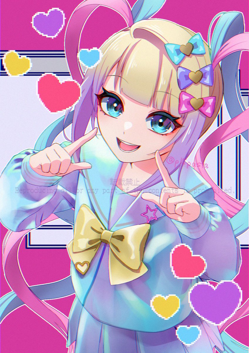 1girl, :d, blonde_hair, blue_bow, blue_eyes, blue_hair, blue_serafuku, blue_shirt