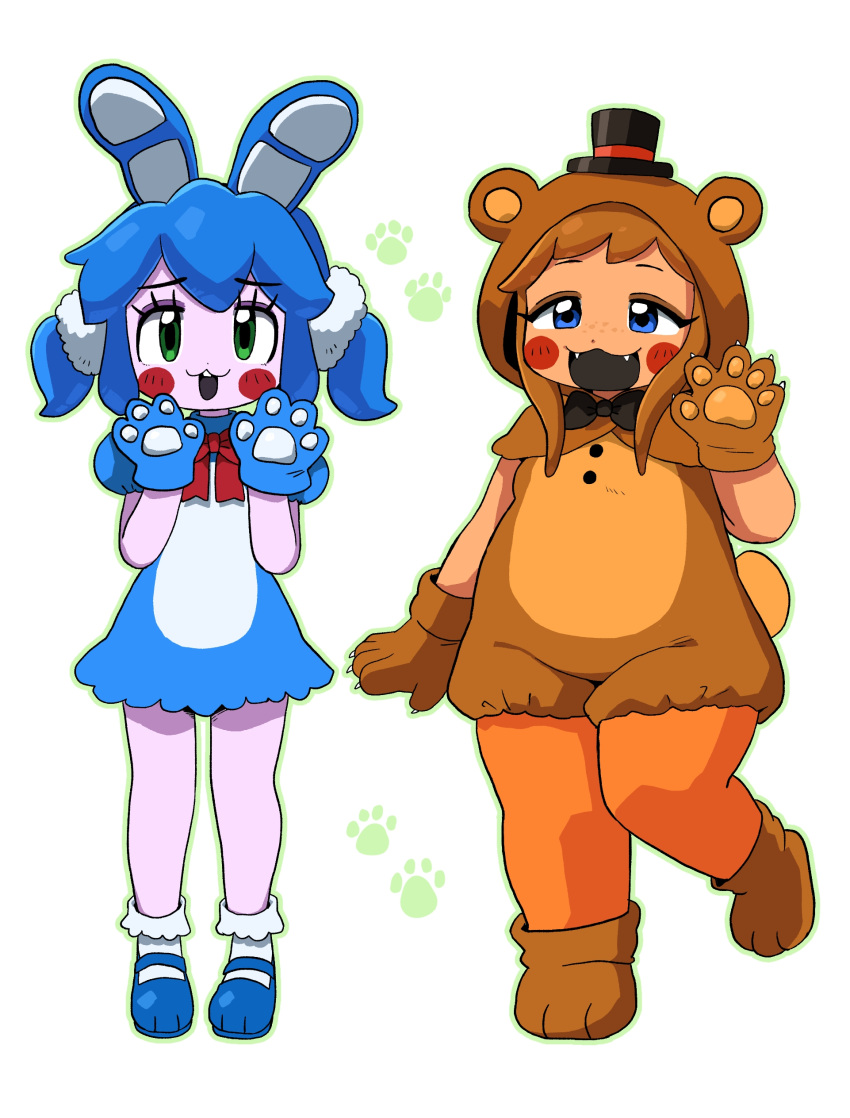 2girls, absurdres, animal_ears, animal_hands, bear_ears, bear_girl, bear_tail, blue_hair