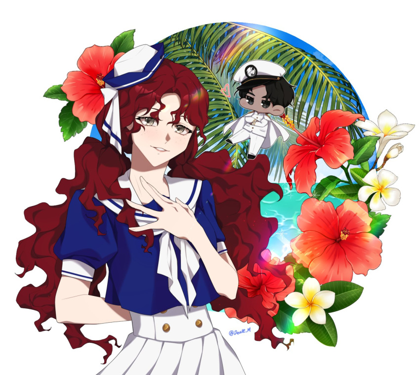 1boy, 1girl, beach, black_hair, chibi, circle, commentary_request, cowboy_shot