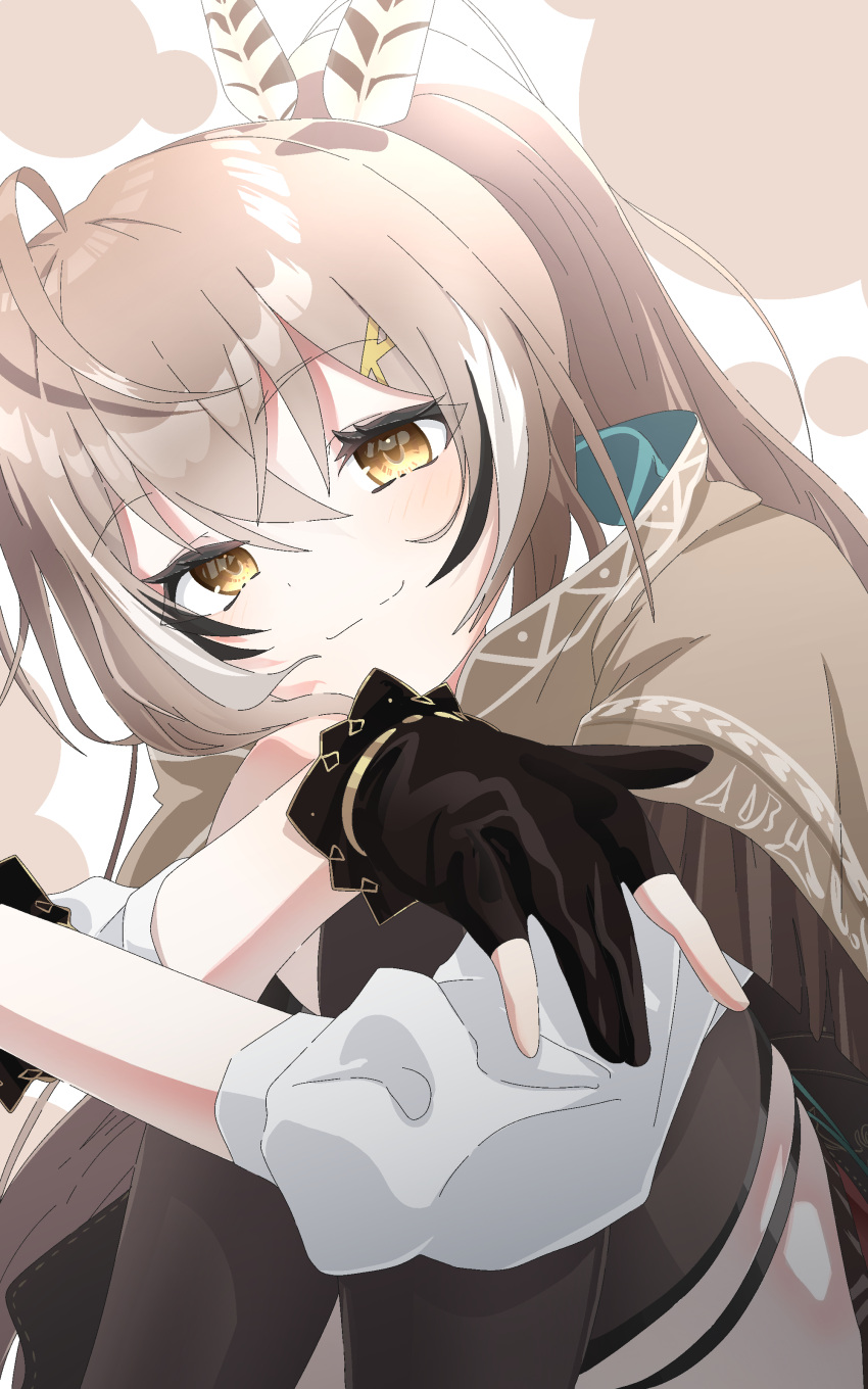 1girl, absurdres, ahoge, brown_capelet, brown_cloak, capelet, cloak, commentary_request, feather_hair_ornament, feathers, gelillust, gloves, hair_between_eyes, hair_ornament, hairclip, head_tilt, highres, hololive, hololive_english, hugging_own_legs, kneehighs, knees_up, long_hair, looking_at_viewer, multicolored_hair, nanashi_mumei, nanashi_mumei_(1st_costume), partially_fingerless_gloves, ponytail, shirt, simple_background, single_kneehigh, single_sock, single_thighhigh, sitting, socks, streaked_hair, thigh-highs, very_long_hair, virtual_youtuber, white_shirt