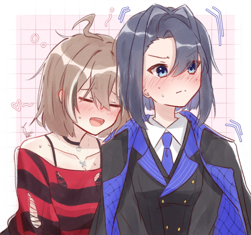 2girls, :d, ahoge, black_choker, black_coat, black_hair, black_sweater, blue_eyes