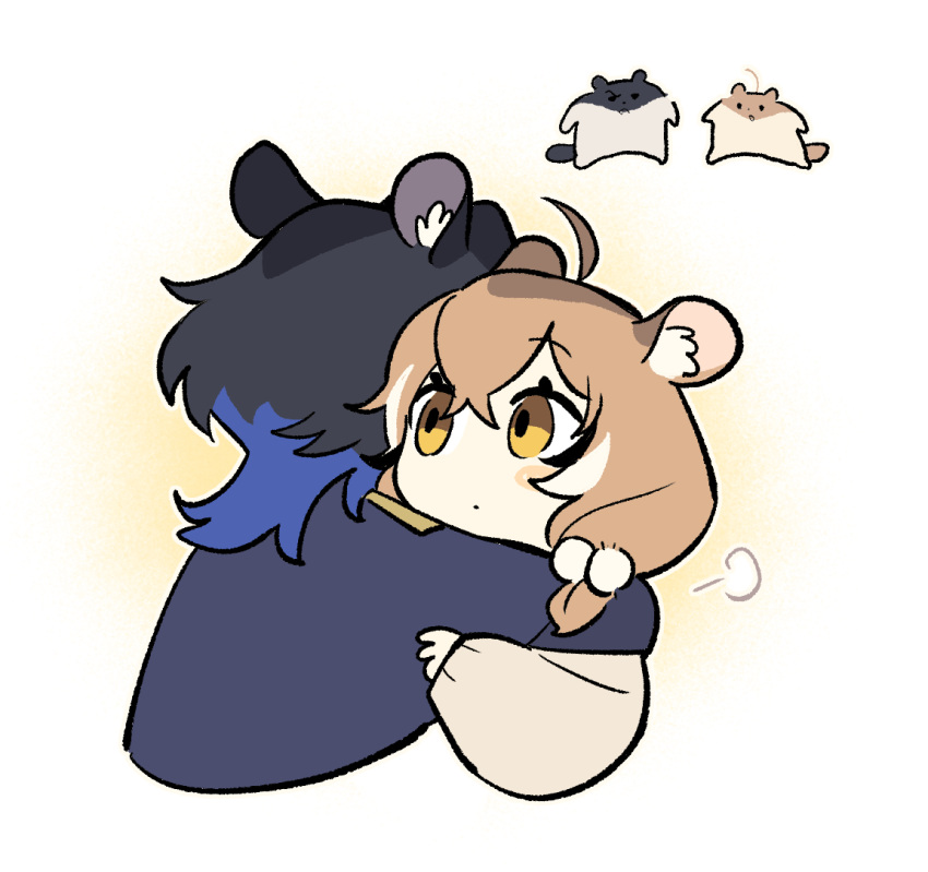 2girls, ahoge, animal_ears, animalization, black_hair, blue_hair, blue_sweater, brown_eyes