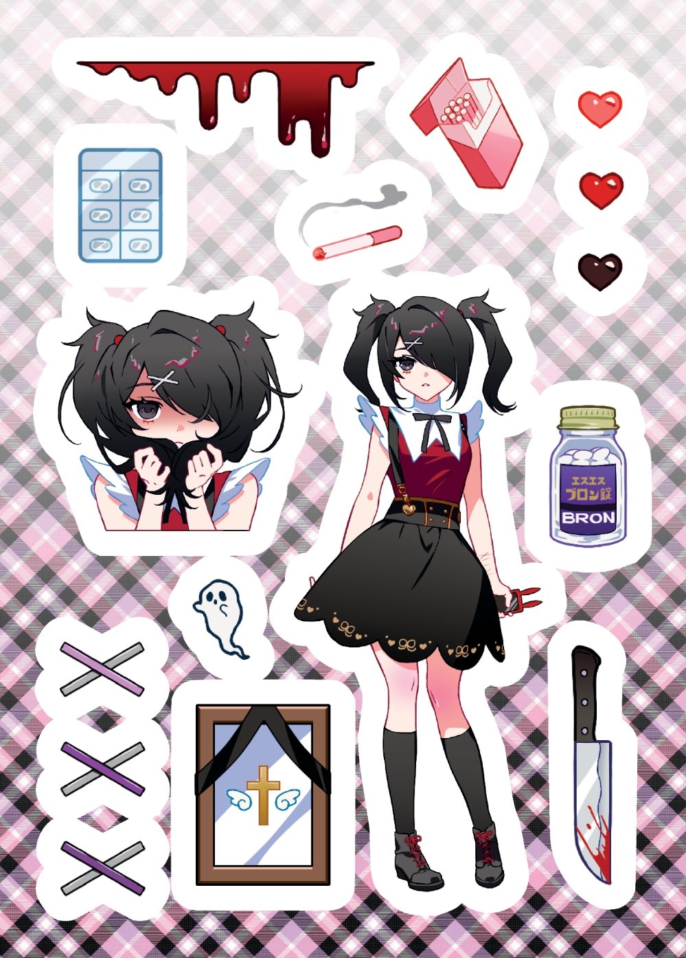 1girl, ame-chan_(needy_girl_overdose), black_eyes, black_footwear, black_hair, black_ribbon, black_skirt, black_socks