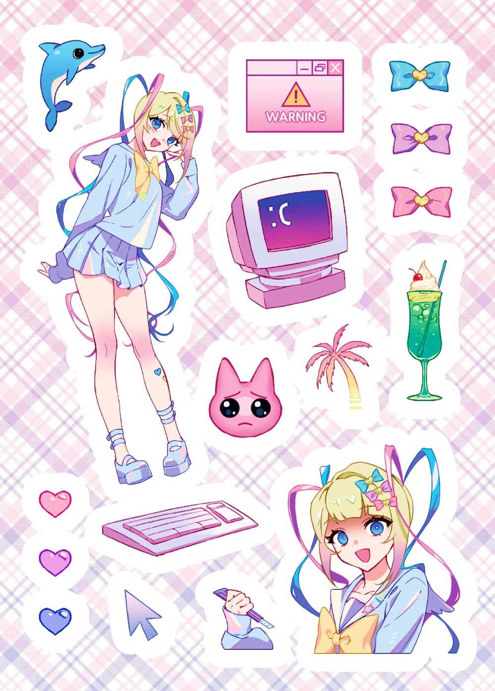 1girl, :d, blonde_hair, blue_bow, blue_eyes, blue_footwear, blue_hair, blue_serafuku, blue_shirt, blue_skirt, bow, boxcutter, chouzetsusaikawa_tenshi-chan, computer_keyboard, cropped_torso, crt, cursor, dolphin, fern_(bhbtr), food, full_body, hair_bow, hand_up, heart, highres, holding, holding_boxcutter, ice_cream, ice_cream_float, long_hair, long_sleeves, looking_at_viewer, multicolored_hair, multiple_hair_bows, multiple_views, needy_girl_overdose, open_mouth, outline, pien_cat_(needy_girl_overdose), pink_bow, pink_hair, pleated_skirt, purple_bow, quad_tails, sailor_collar, school_uniform, serafuku, shaded_face, shirt, shoes, skirt, smile, standing, twintails, white_outline, window_(computing), yellow_bow
