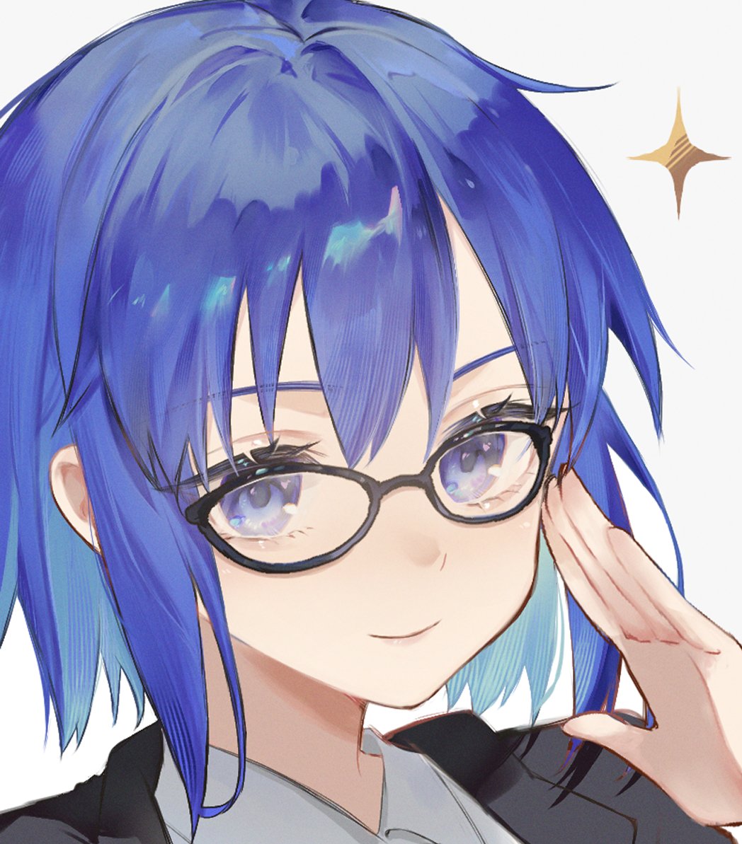 1girl, black_jacket, blue_eyes, blue_hair, c.i.e.l_(fate), closed_mouth, collared_shirt, commentary, english_commentary, fate/grand_order, fate_(series), glasses, hair_between_eyes, jacket, looking_at_viewer, nigiri, portrait, shirt, short_hair, sidelocks, simple_background, smile, solo, white_shirt