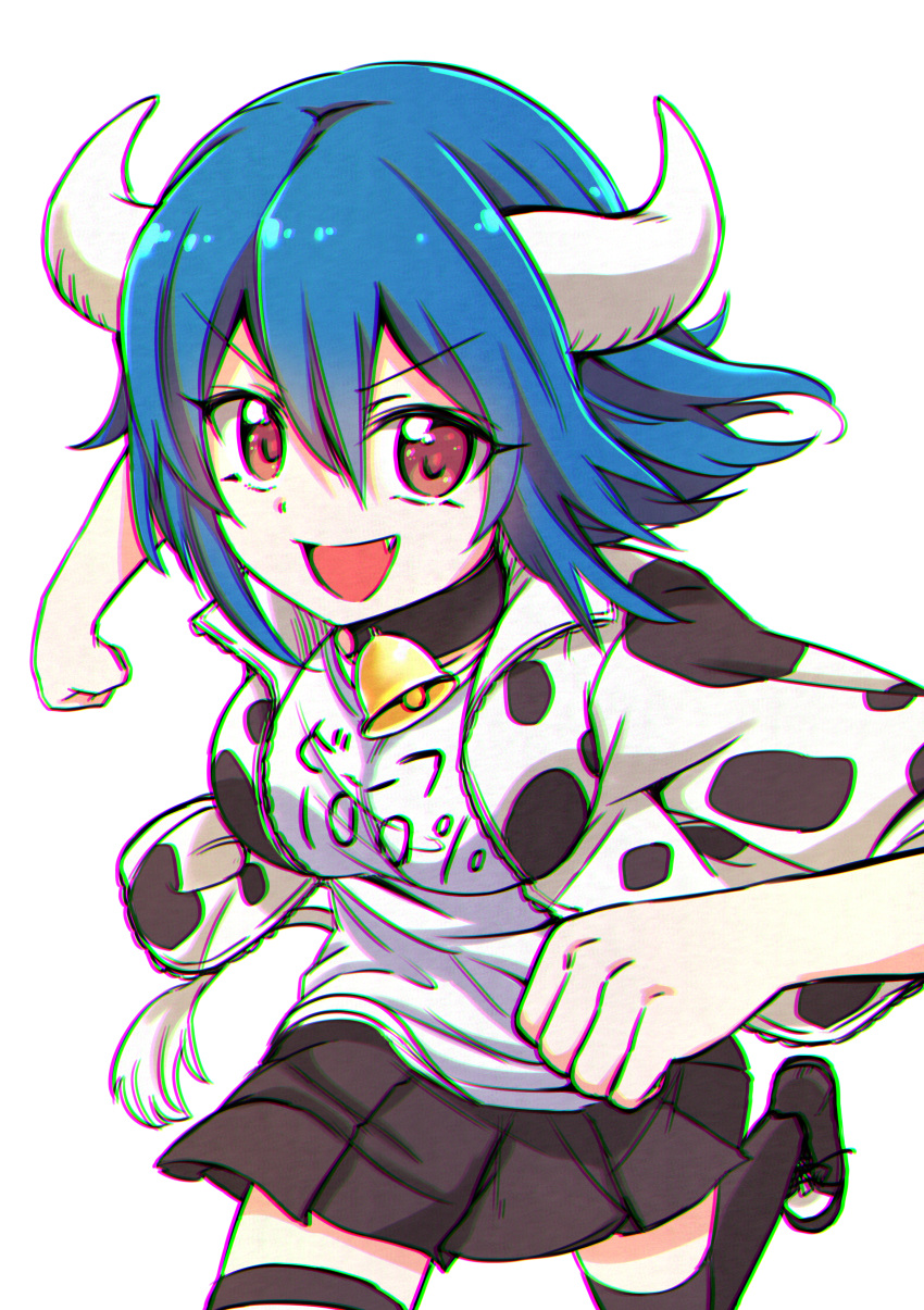 1girl, :d, absurdres, animal_print, bell, black_footwear, black_skirt, black_thighhighs