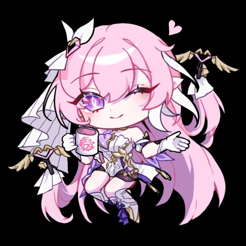 1girl, bare_legs, bare_shoulders, bell, black_background, black_shorts, boots, chibi, chibi_only, closed_mouth, corset, cup, dduehddueh, diamond-shaped_pupils, diamond_(shape), elf, elysia_(herrscher_of_human:_ego)_(honkai_impact), elysia_(honkai_impact), gloves, heart, high_heel_boots, high_heels, holding, holding_cup, honkai_(series), honkai_impact_3rd, one_eye_closed, pink_hair, pointy_ears, short_shorts, shorts, signet_of_ego, smile, solo, symbol-shaped_pupils, violet_eyes, white_corset, white_footwear, white_gloves, white_veil