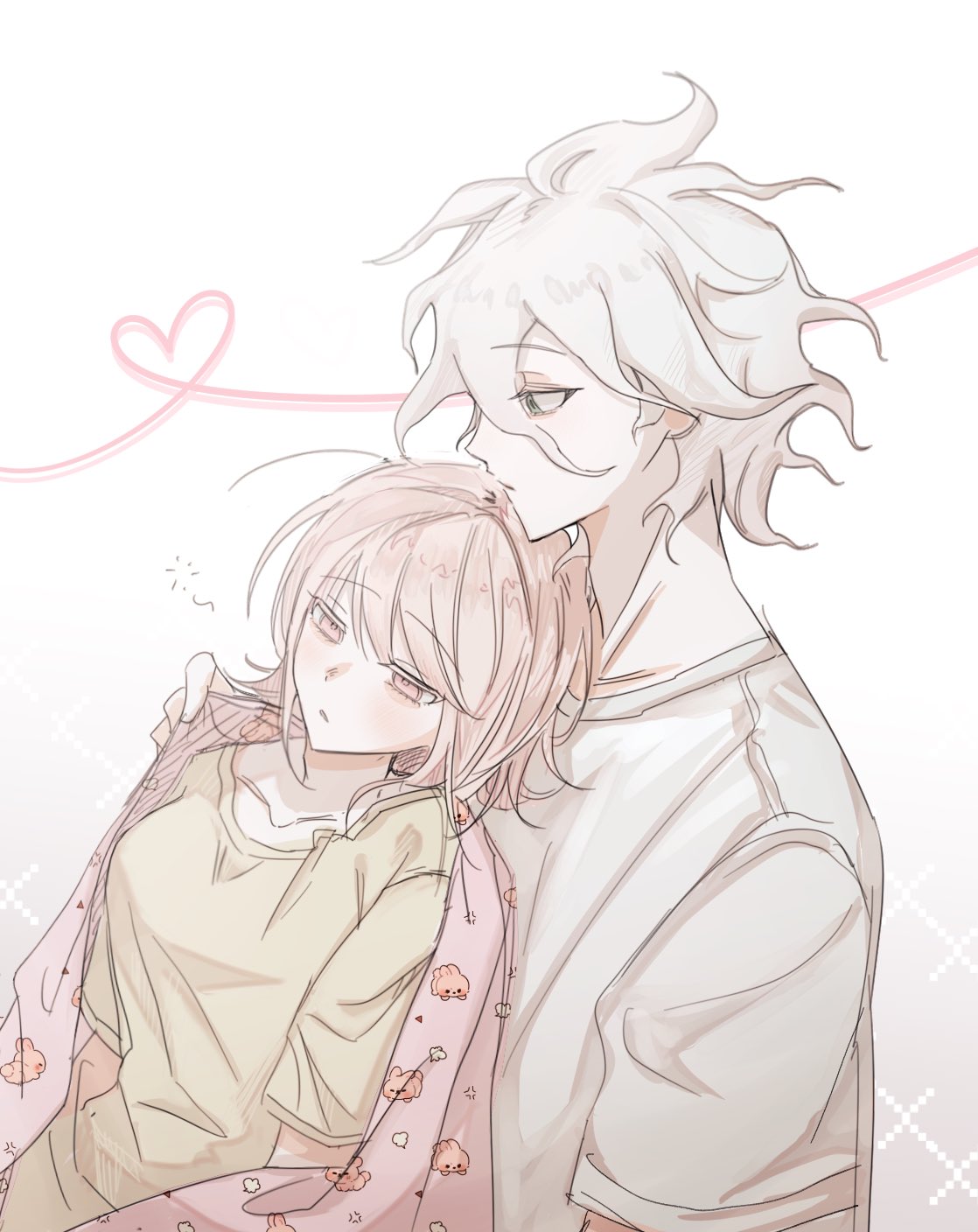 1boy, 1girl, alternate_costume, animal_print, blanket, blush, brown_eyes, brown_hair, brown_shirt, closed_mouth, collarbone, danganronpa_(series), danganronpa_2:_goodbye_despair, gradient_background, grey_hair, grey_shirt, heart, highres, komaeda_nagito, looking_at_another, medium_hair, nanami_chiaki, profile, rabbit_print, shirt, short_sleeves, vo3olv, white_background