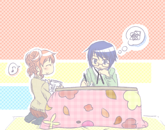 chin_rest, closed_eyes, ds_(artist), eyes_closed, hidamari_sketch, hiro, kotatsu, musical_note