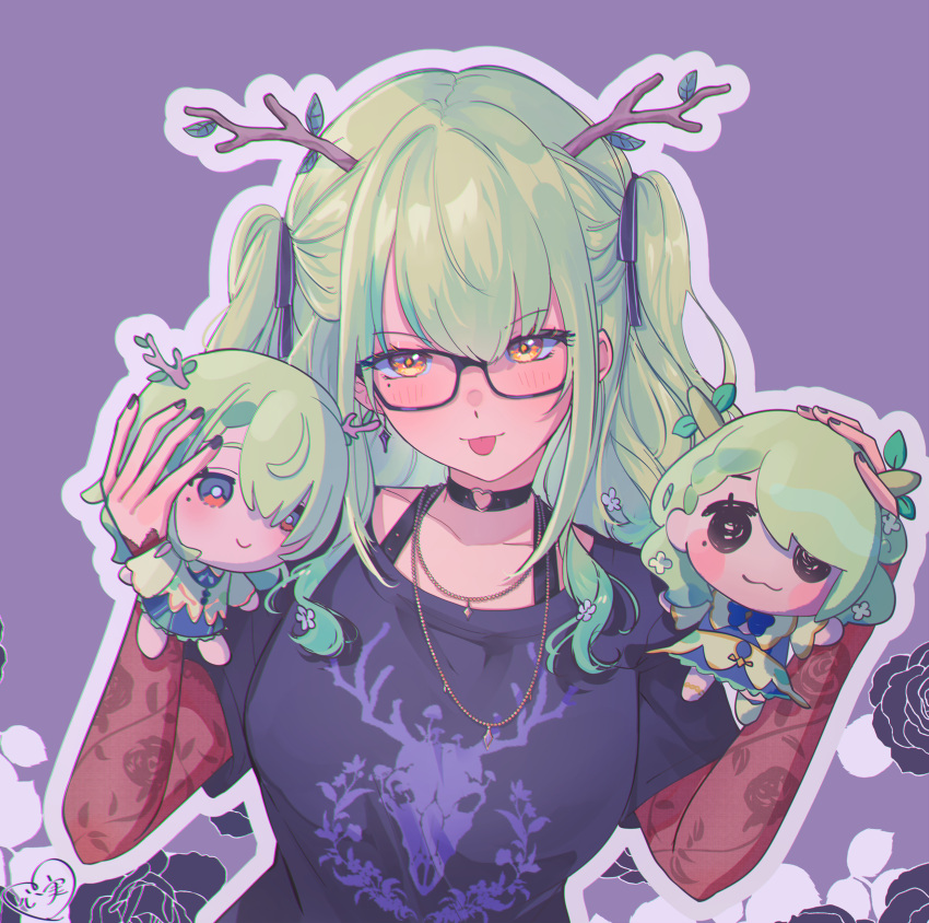 1girl, :p, absurdres, antlers, black_nails, black_ribbon, black_shirt, blush, ceres_fauna, ceres_fauna_(goth), character_doll, choker, doll, glasses, green_hair, hair_ribbon, heart, heart_o-ring, highres, holding, holding_doll, hololive, hololive_english, horns, jewelry, kokomi_(aniesuakkaman), lace_sleeves, looking_at_viewer, mole, mole_under_eye, nail_polish, necklace, o-ring, o-ring_choker, official_alternate_costume, official_alternate_hairstyle, outline, print_shirt, ribbon, shirt, smile, smol_fauna, solo, t-shirt, tongue, tongue_out, virtual_youtuber, white_outline, yellow_eyes