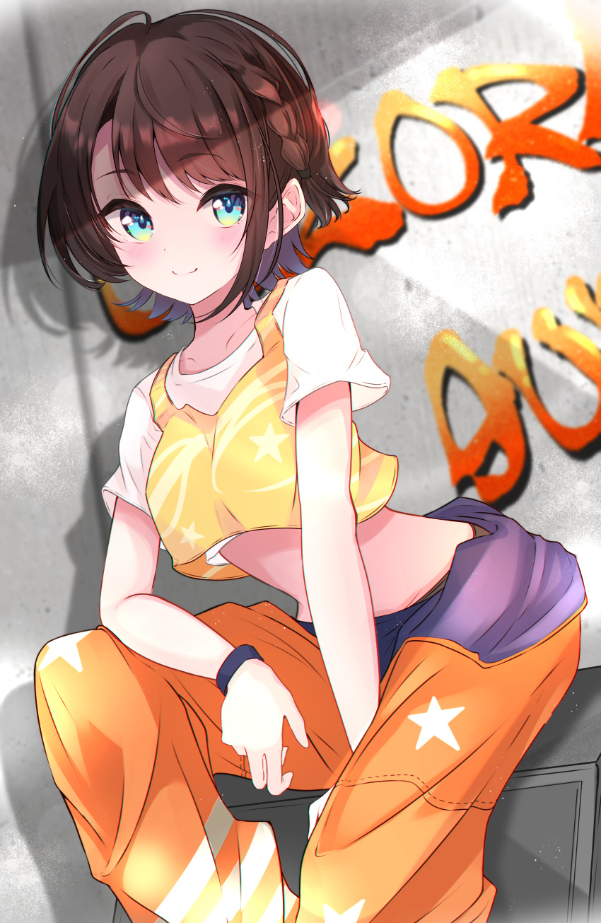 1girl, absurdres, baggy_pants, between_legs, blue_eyes, blush, braid, breasts