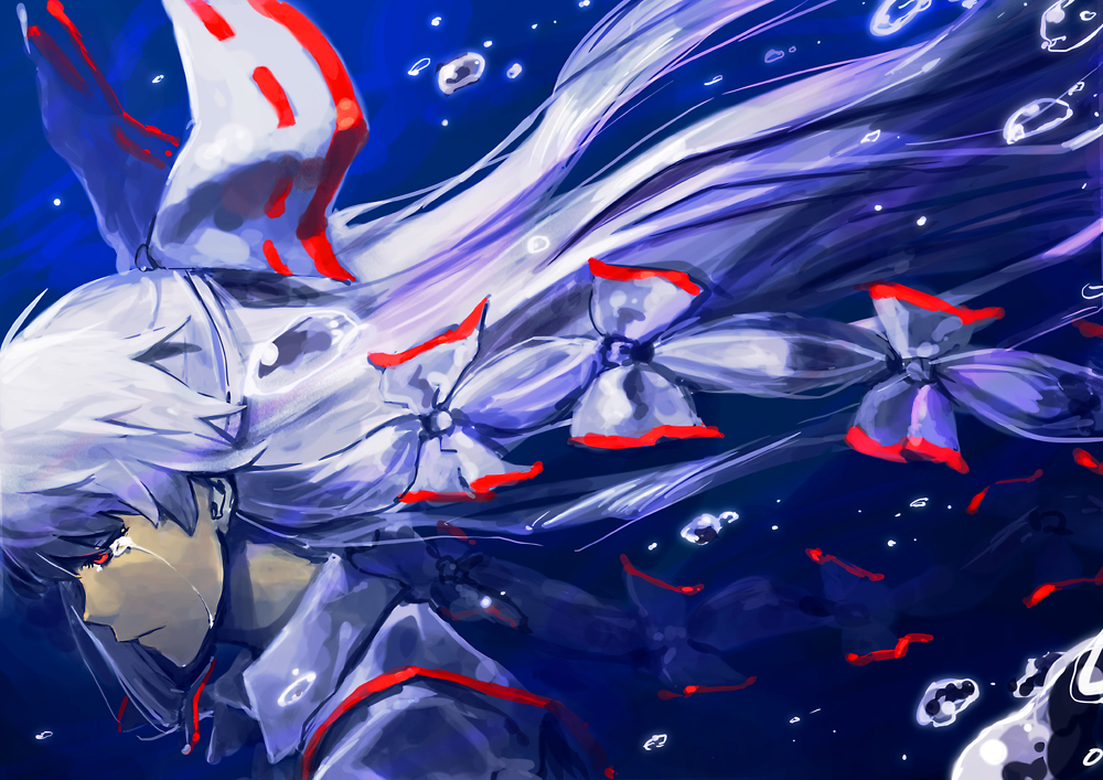 fujiwara_no_mokou, hair_bow, holysnow, long_hair, profile, red_eyes, sad, silver_hair