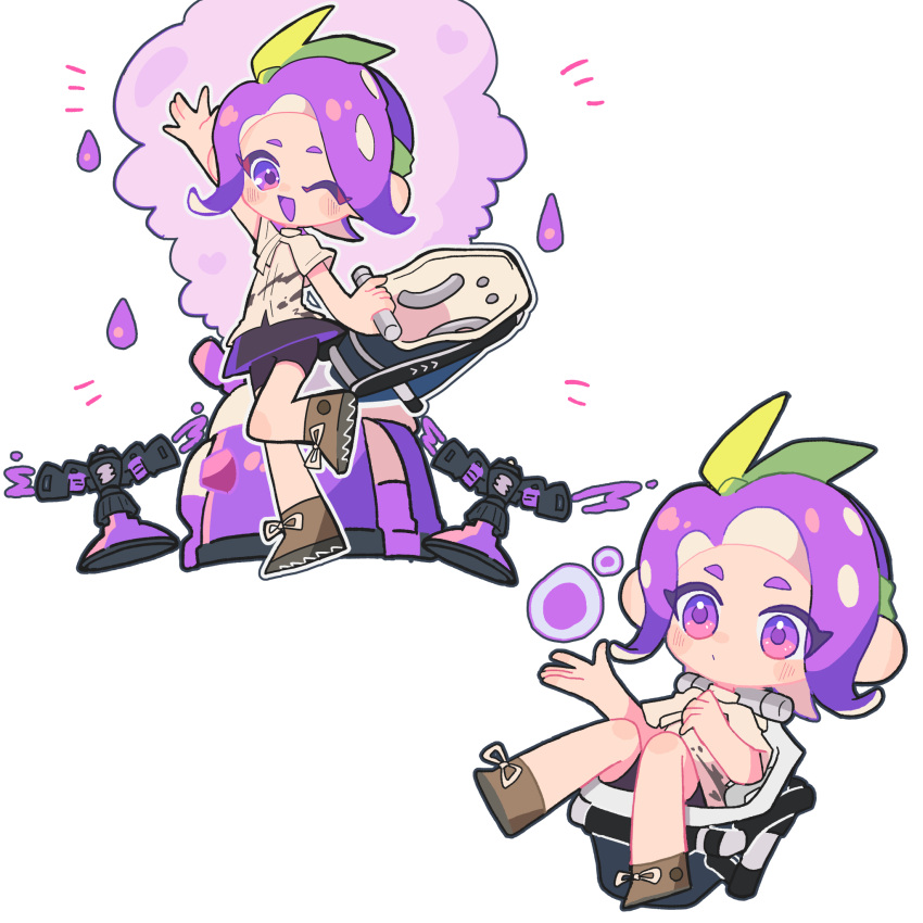 1girl, :d, arm_up, bloblobber_(splatoon), bow, bow_hairband, chibi, chibi_only, clouds, commentary_request, green_bow, hair_bow, hairband, highres, ink_storm_(splatoon), medium_hair, mitarashi_fa, multiple_views, octoling, octoling_girl, octoling_player_character, one_eye_closed, purple_hair, simple_background, smile, soap_bubbles, splatoon_(series), splatoon_3, sprinkler_(splatoon), standing, standing_on_one_leg, tentacle_hair, violet_eyes, white_background