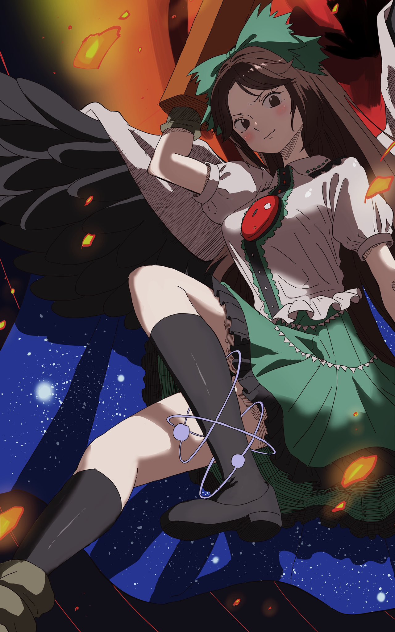 1girl, arm_cannon, asymmetrical_footwear, bird_wings, black_footwear, black_socks, black_wings, blue_cape