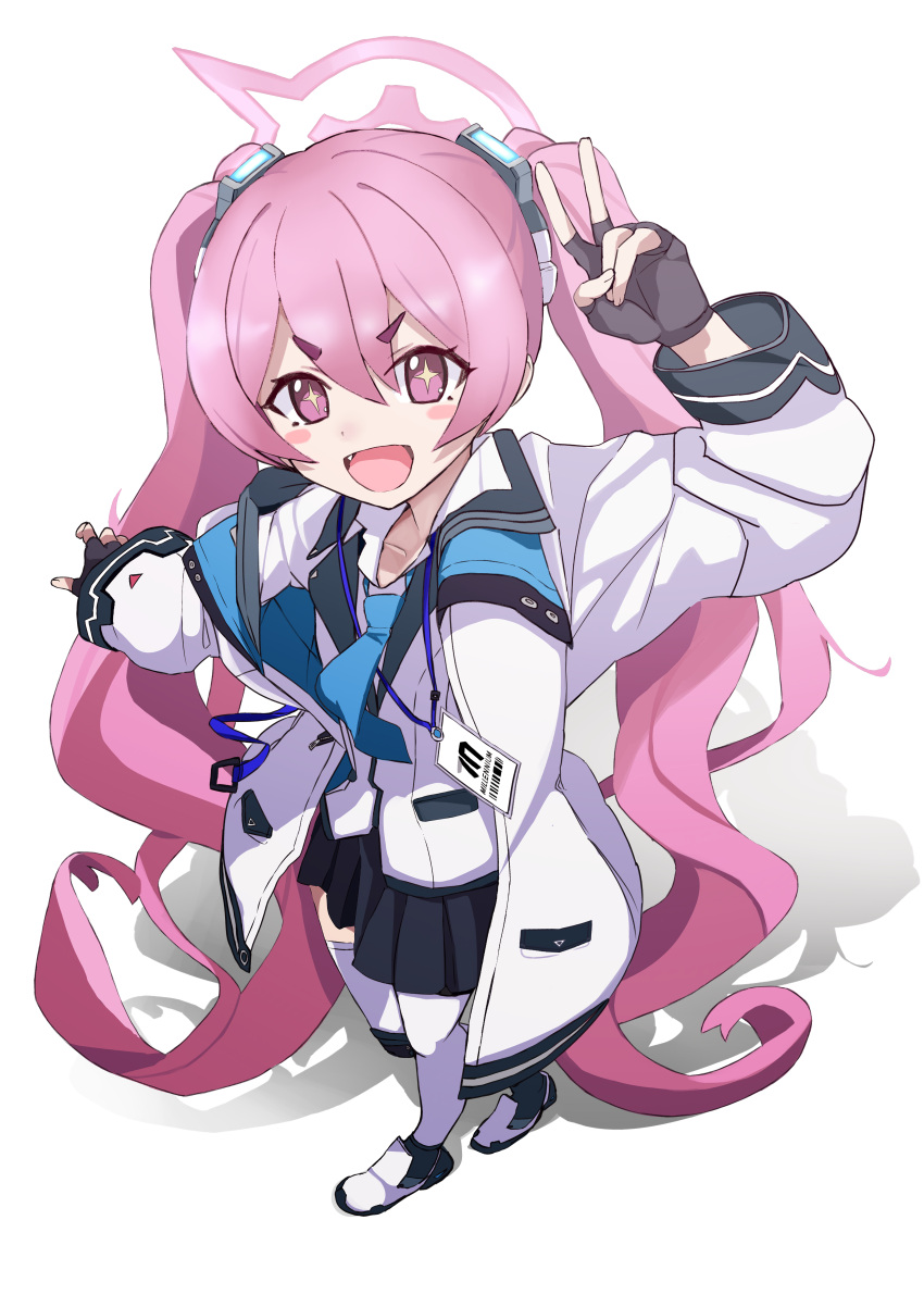 +_+, :d, absurdres, black_gloves, black_skirt, blue_archive, blue_necktie, blush_stickers, coat, collared_shirt, commentary_request, double-parted_bangs, fang, fingerless_gloves, foreshortening, full_body, gloves, hair_between_eyes, halo, hand_up, happy, highres, id_card, kebab_(blackdoll), koyuki_(blue_archive), long_hair, long_sleeves, looking_at_viewer, miniskirt, necktie, open_clothes, open_coat, open_mouth, pink_eyes, pink_hair, pink_halo, pleated_skirt, shirt, simple_background, skirt, smile, standing, thick_eyebrows, thigh-highs, twintails, v, v-shaped_eyebrows, very_long_hair, white_background, white_coat, white_shirt, white_thighhighs, wide_sleeves, zettai_ryouiki