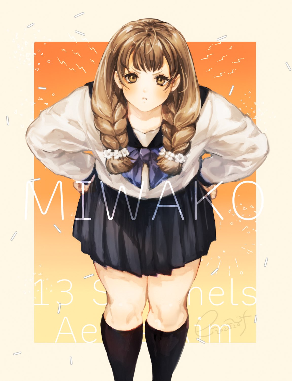 >:(, 1girl, black_skirt, blue_neckerchief, blush, braid, brown_eyes, brown_hair