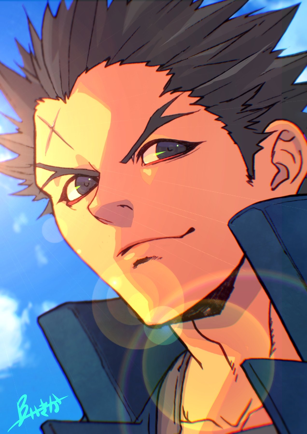 1boy, black_hair, blue_coat, blue_sky, burning_isaka, closed_mouth, clouds, coat