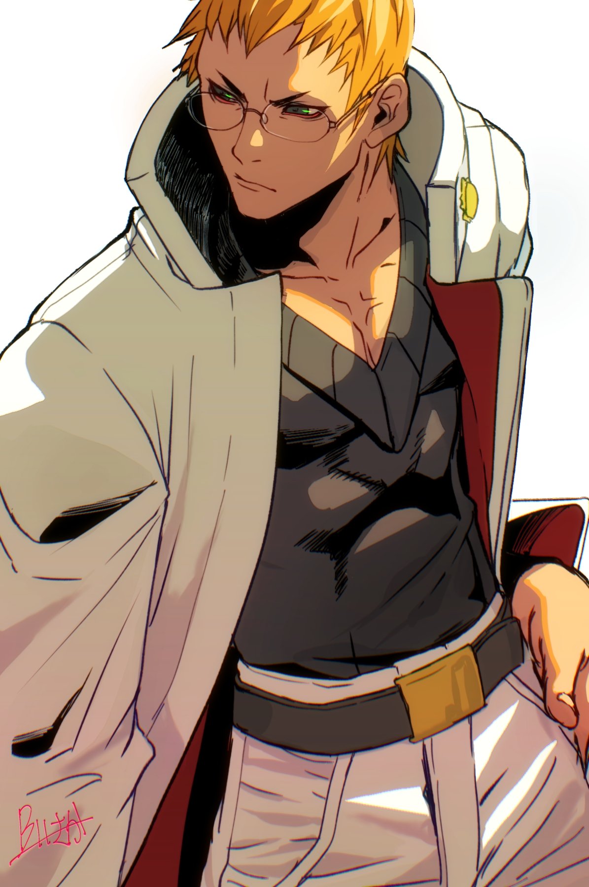 1boy, belt, belt_buckle, black_belt, black_sweater_vest, buckle, burning_isaka, closed_mouth