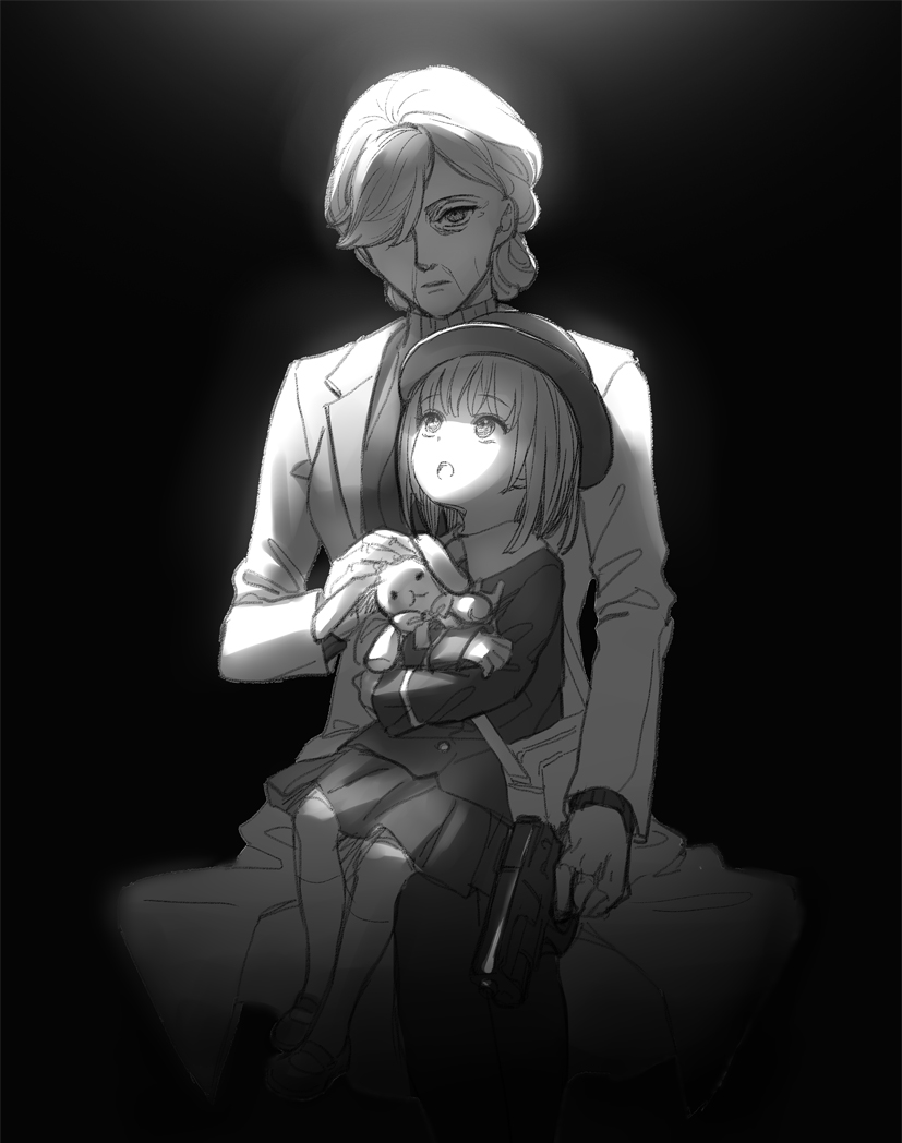 2girls, bag, black_background, chihiro_(juusan_kihei_bouei_ken), greyscale, gun, hair_over_one_eye, hat